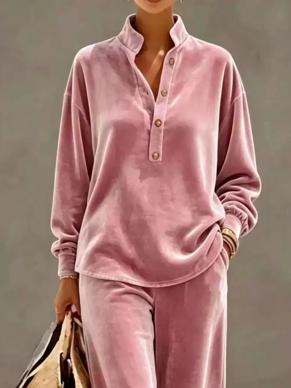 Full Size Half Button Top and Wide Leg Pants Set Plus Size, image 4