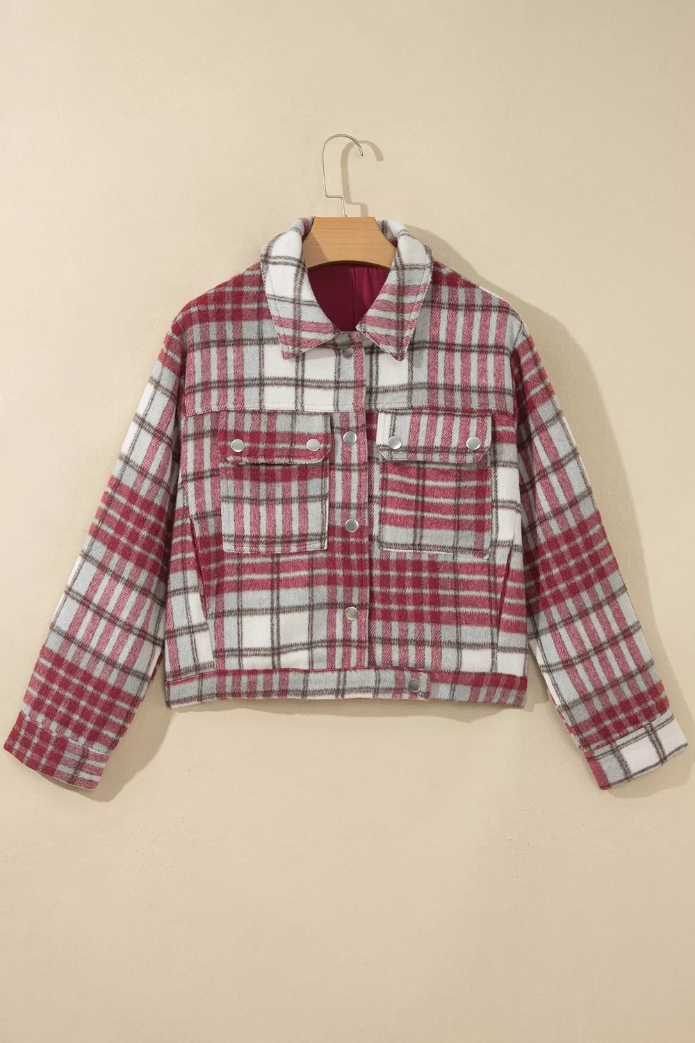 Plaid Flannel Metal Button Collar Long Sleeve Vintage Shift Jacket, image 3