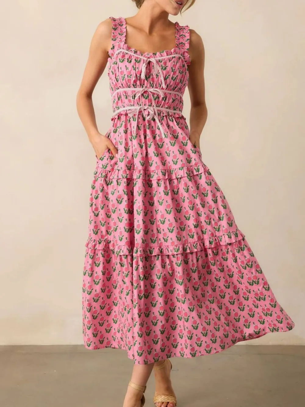 Floral Print Ruffled Midi Dress with Pockets, image 3