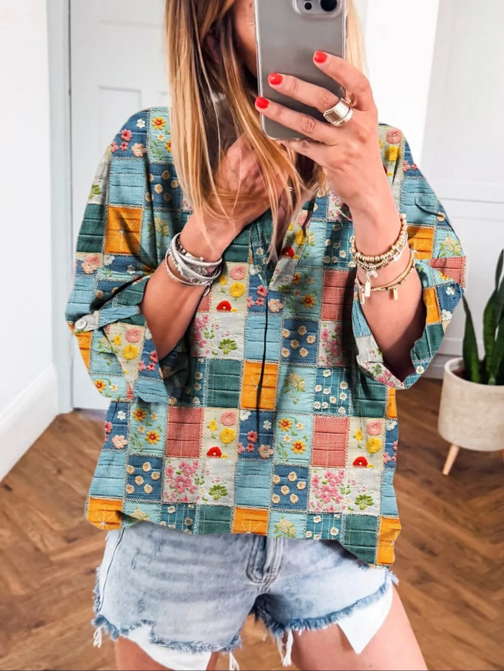 Patchwork Print Notched Long Sleeve Blouse