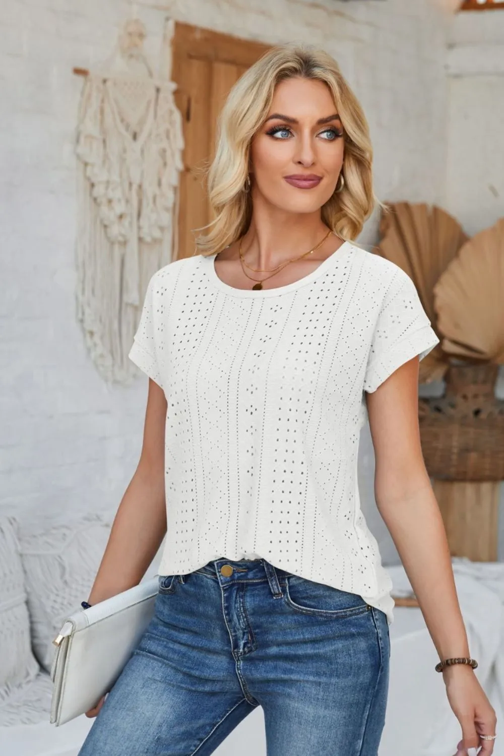 Eyelet Round Neck Rolled Short Sleeve T-Shirt, image 14