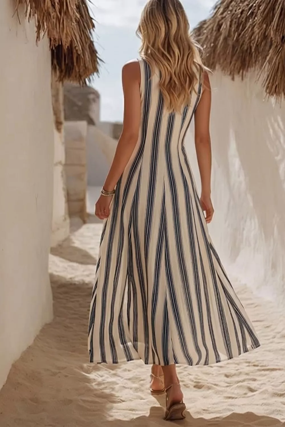 Striped V-Neck Sleeveless Midi Dress, image 2