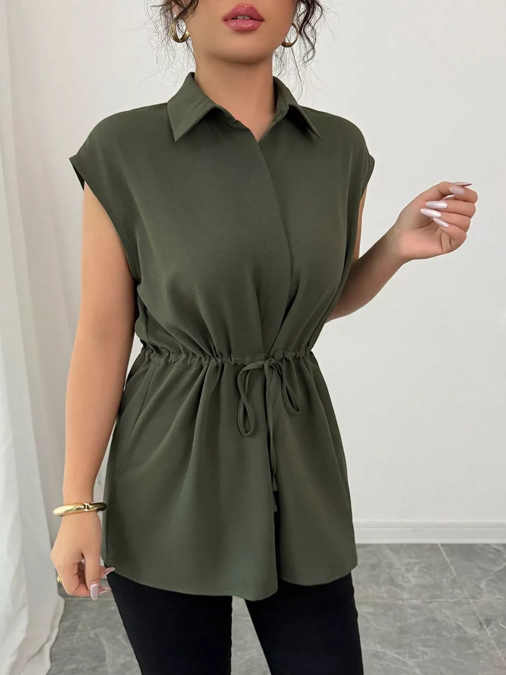 Drawstring Waist Cap Sleeve Shirt, image 9