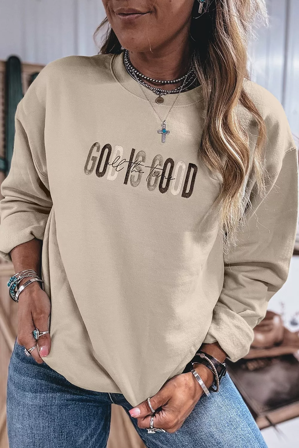 God Is Good Letter Graphic Crew Neck Sweatshirt, image 6
