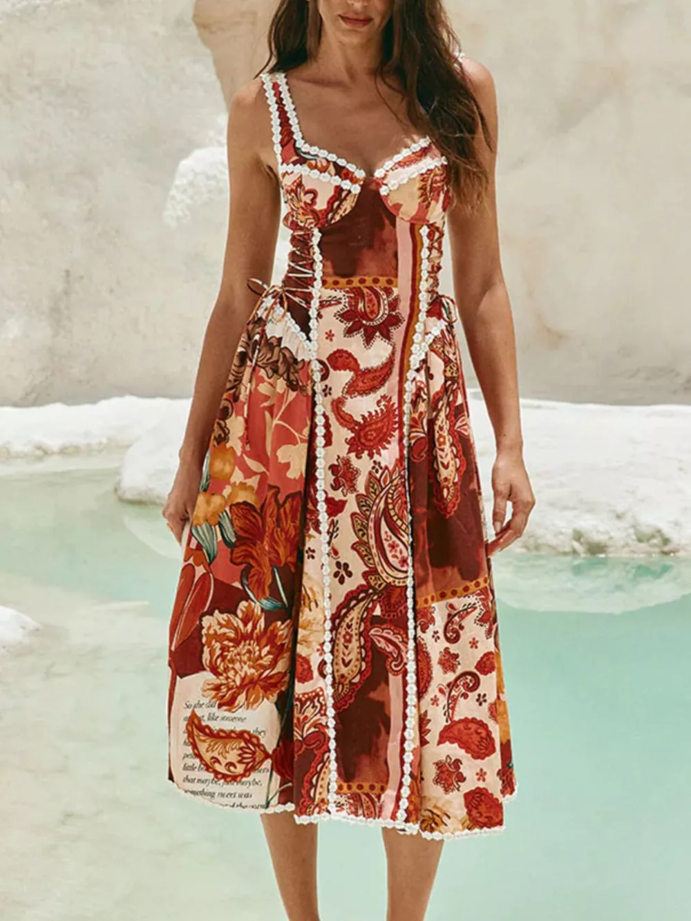 Vintage Paisley Print Lace Trim Midi Dress, image 5