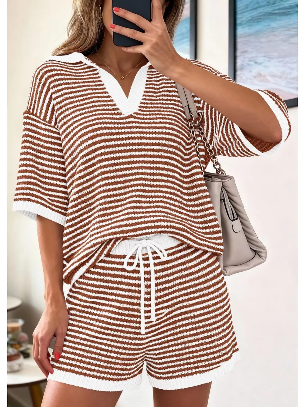 Striped Knit Polo Shirt & Shorts Set, image 11