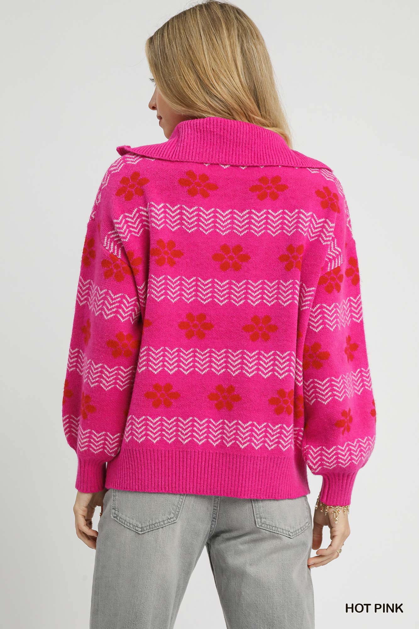 Floral Patterned Jacquard Quarter-Zip Pullover Sweater, image 2