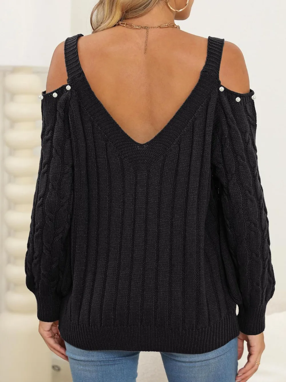 Cable-Knit Cold Shoulder Sweater, image 8
