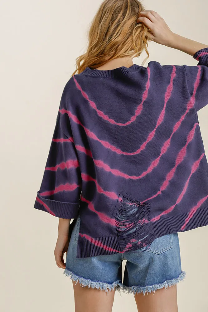 Full Size Tie Dye Side Slit Round Neck Distressed Detail Sweater Plus Size, image 3