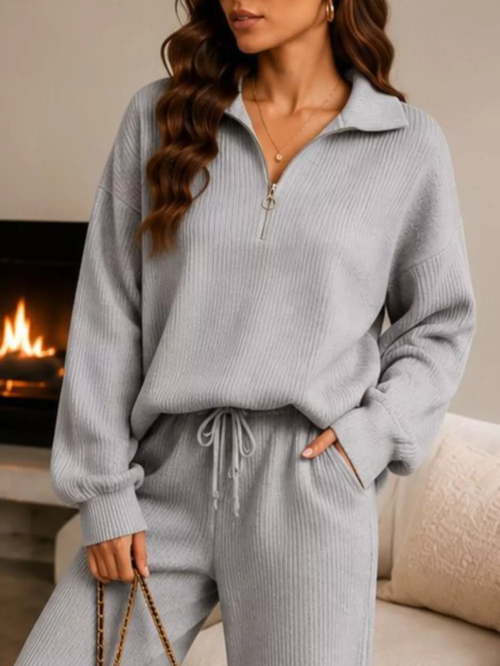 Cozy Ribbed Knit Quarter-Zip Top and Wide-Leg Set, image 12