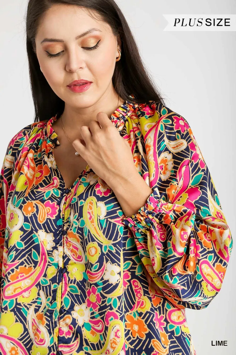 Full Size Satin Paisley Ruffle Neck Button-Up Shirt Plus Size, image 5