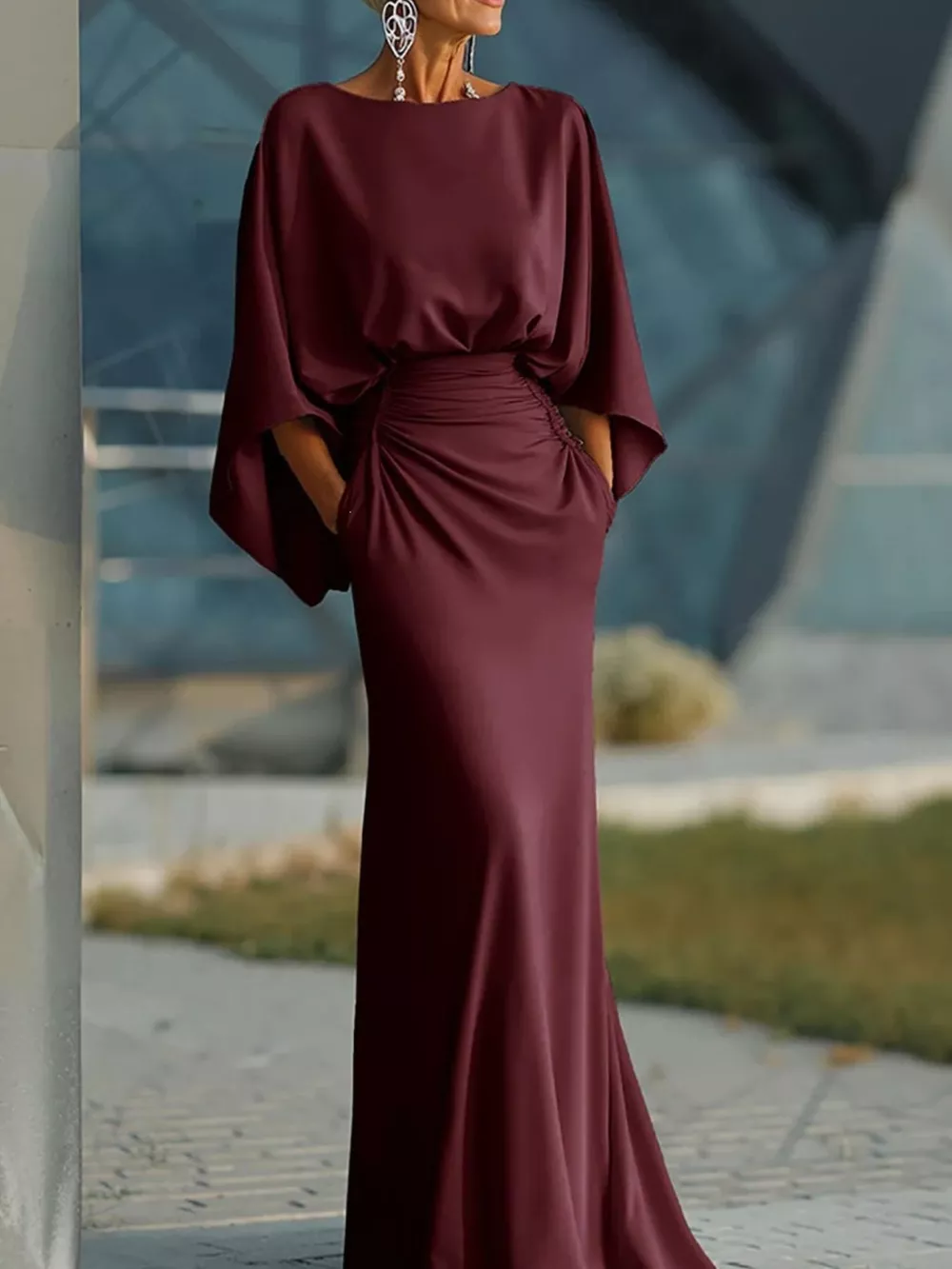 Batwing Sleeve Ruched Maxi Dress, image 12