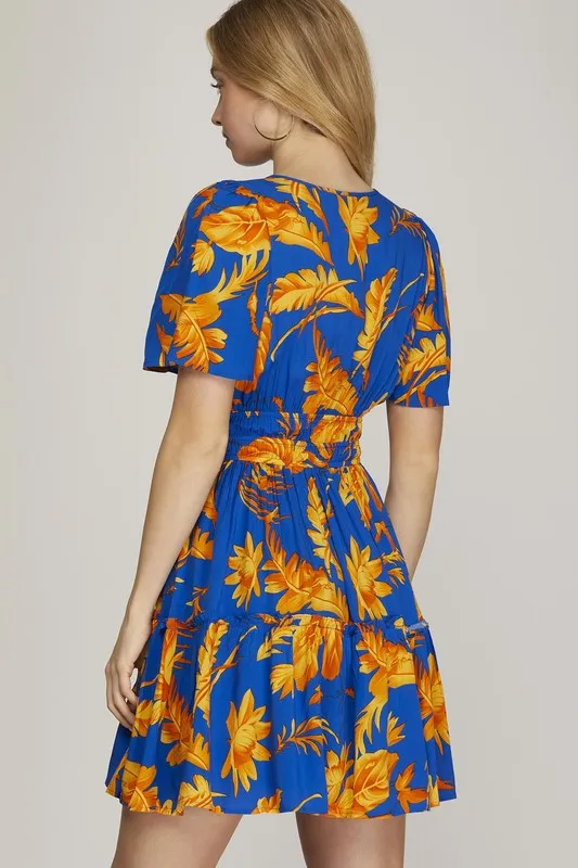 Full Size Printed Notched Short Sleeve Frill Tiered Dress Plus Size, image 2