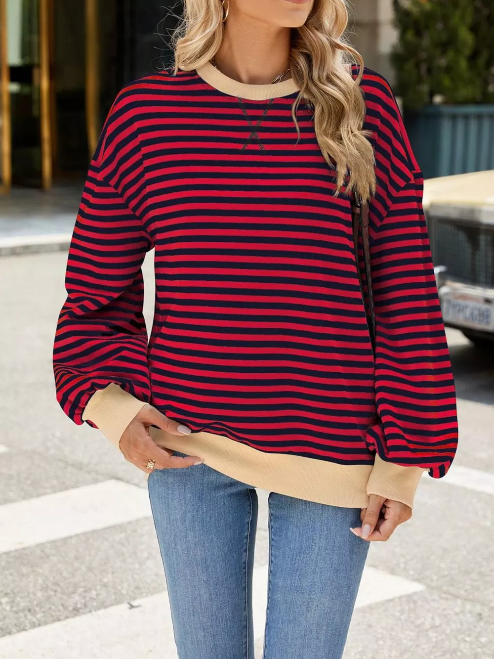 Striped Crew Neck Long Sleeve Sweatshirt, image 10