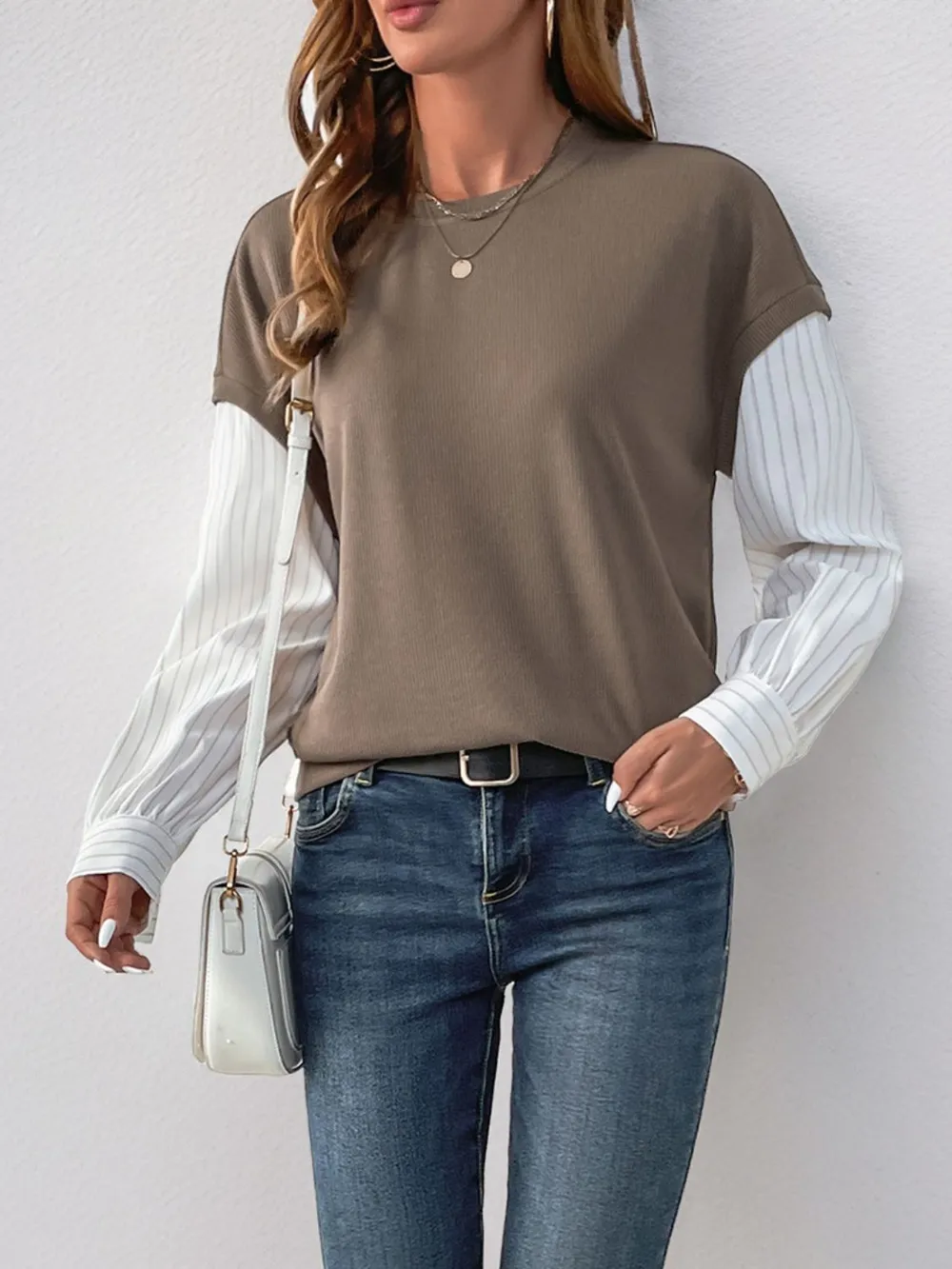 Round Neck Striped Sleeve Sweatshirt, image 2