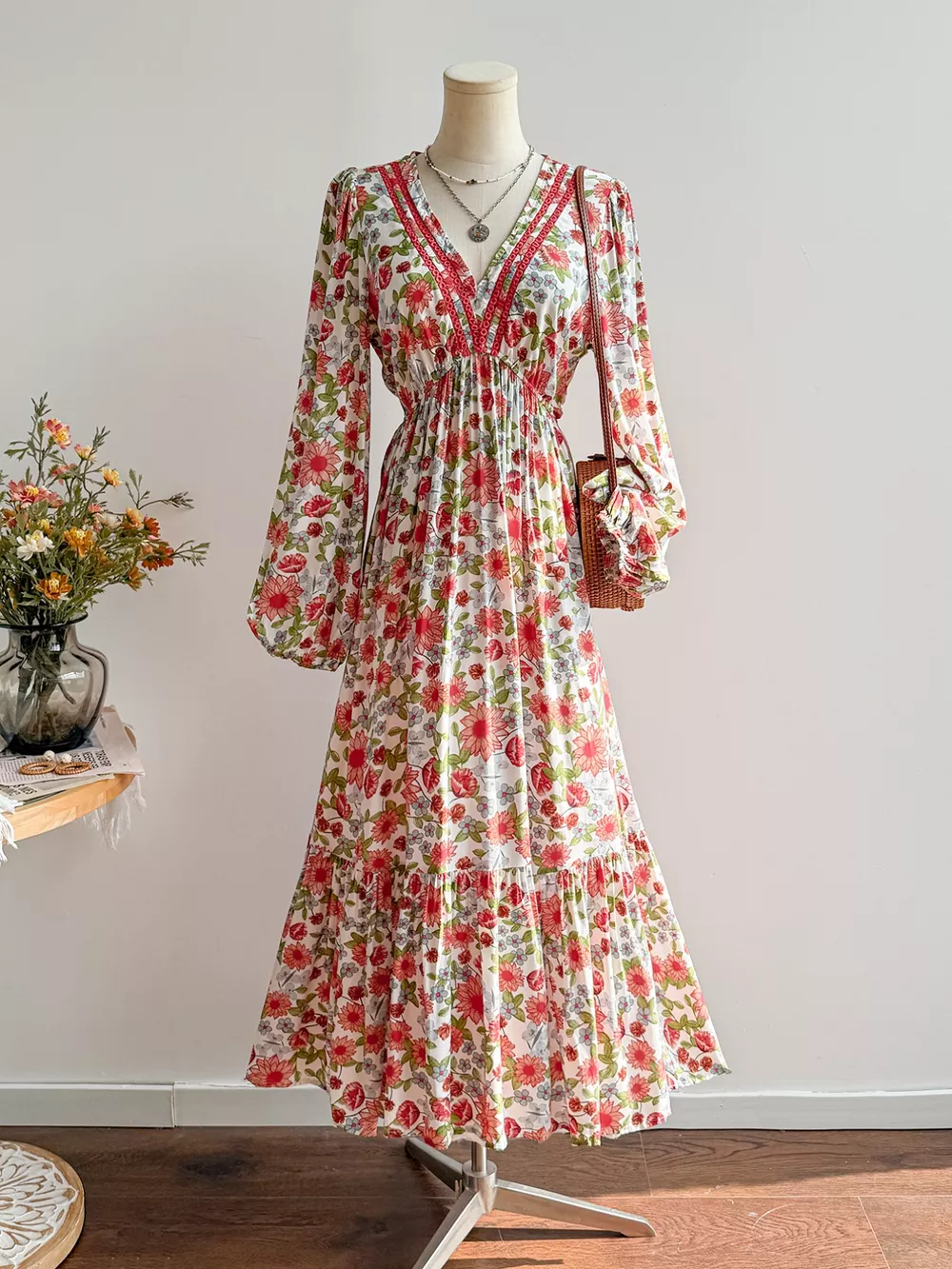 Floral Print V-Neck Bohemian Midi Dress, image 4