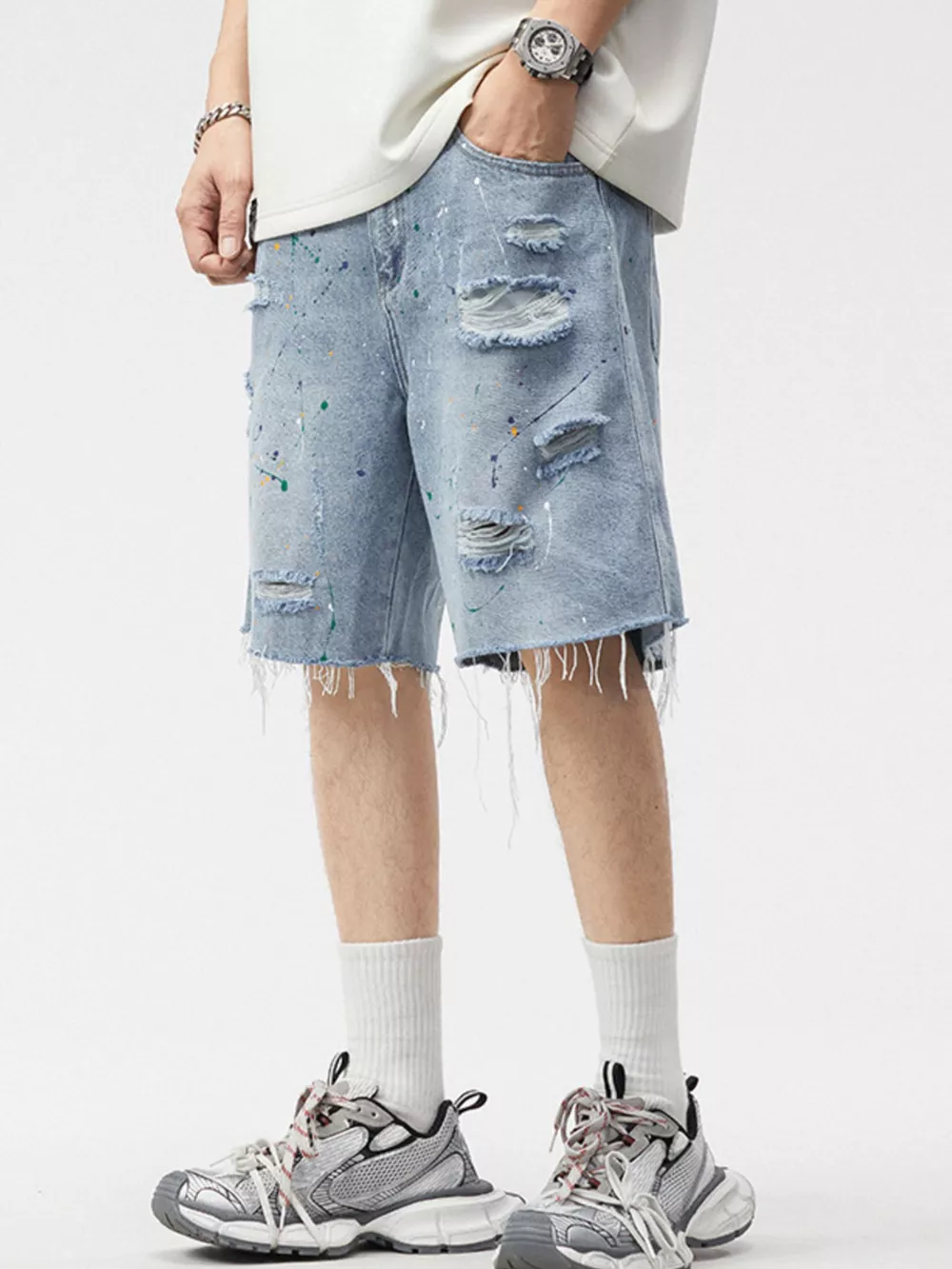 Men's Distressed Paint Splatter Denim Shorts