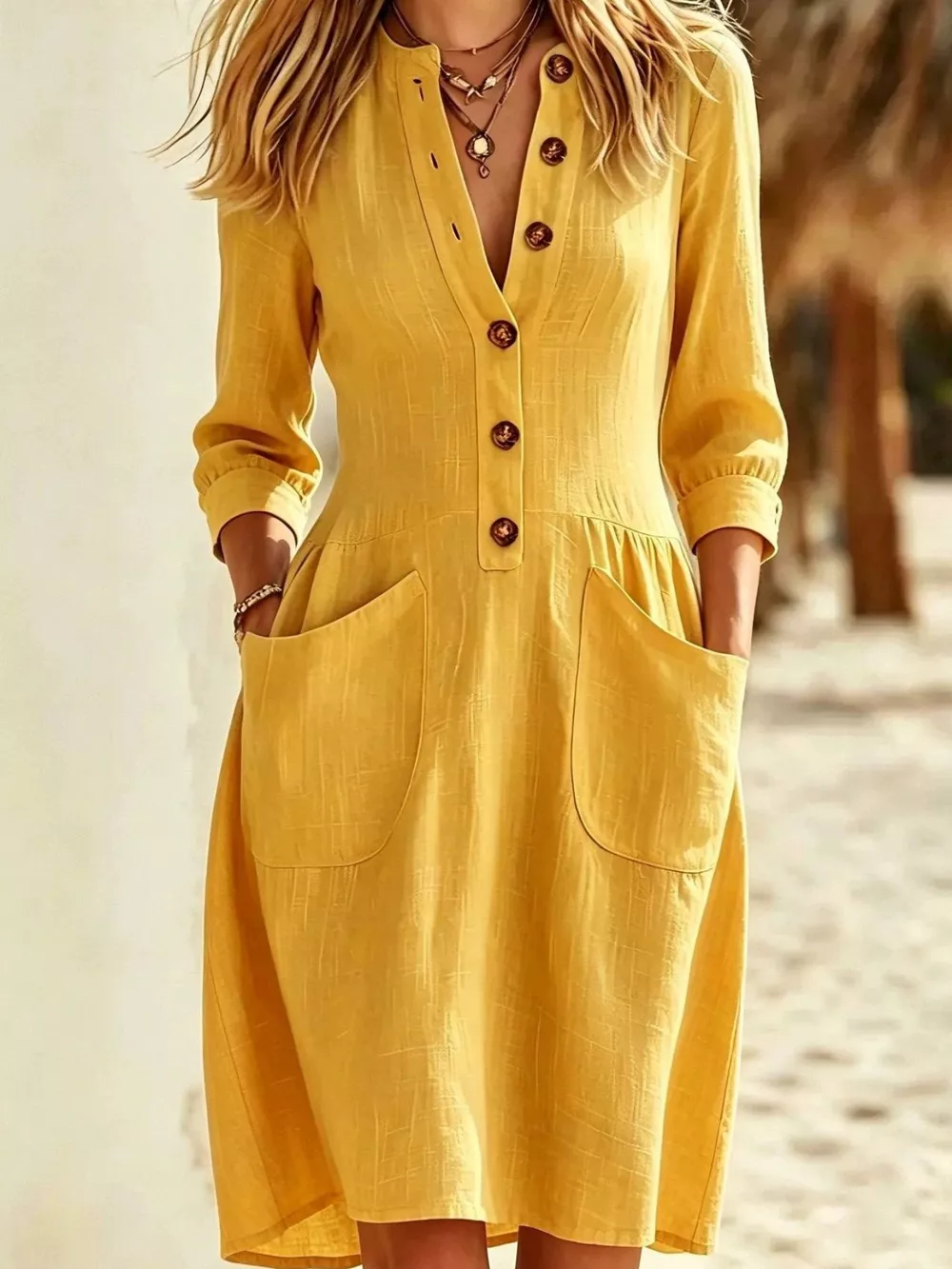 Full Size Button Front Long Sleeve Dress Plus Size, image 3