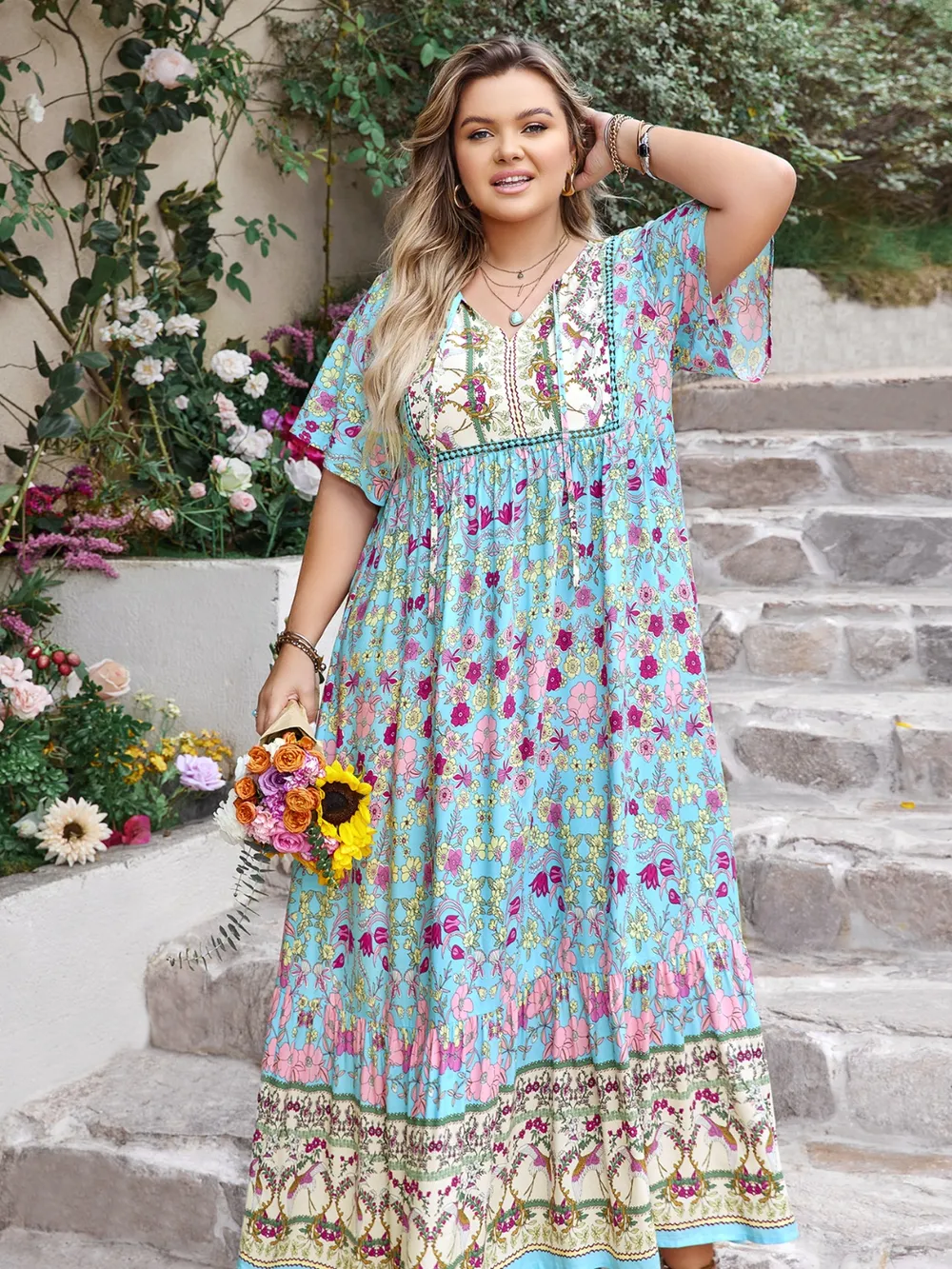 Plus Size Printed Tie Neck Flutter Sleeve Maxi Dress, image 3