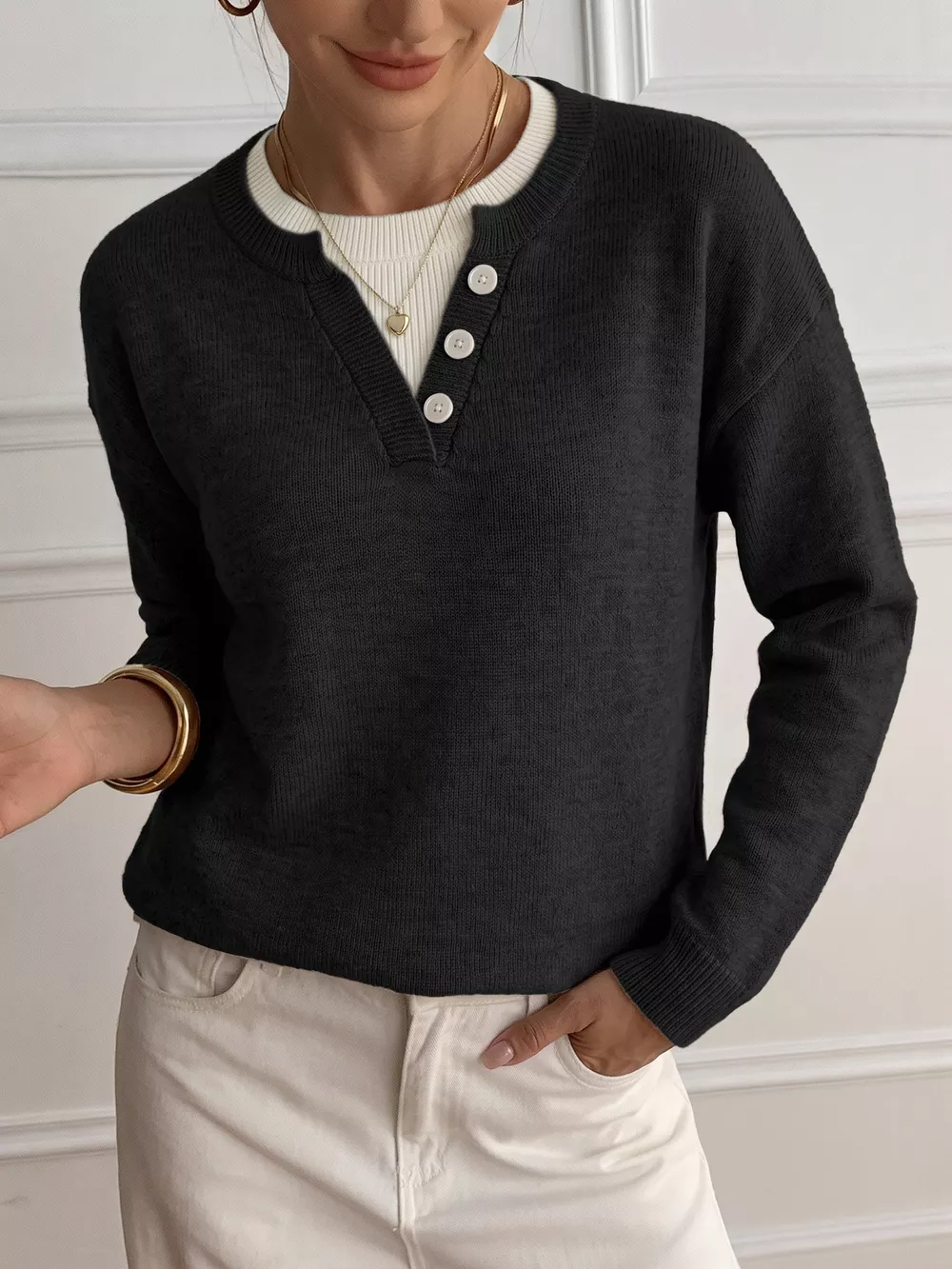 Decor Button-Placket Ribbed Knit Sweater, image 8