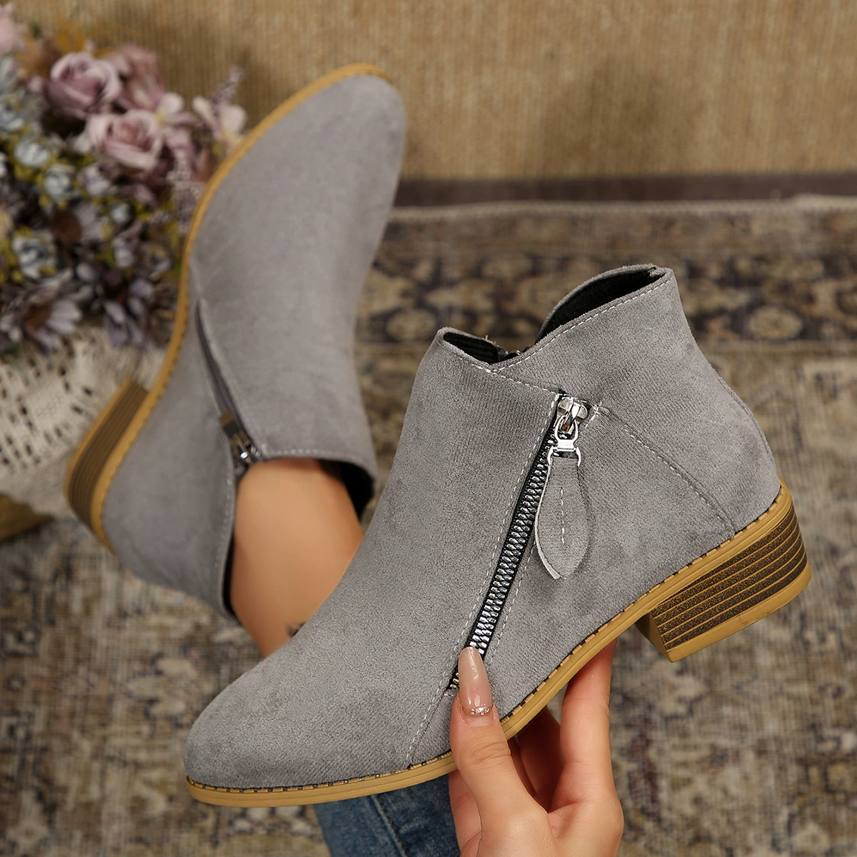 Size Zipper Block Heels Boots, image 2