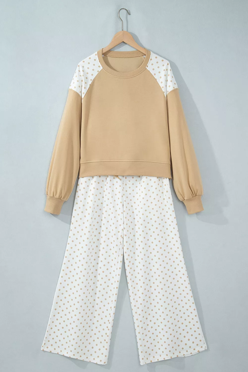 Polka Dot Patchwork Colorblock Long Sleeve Casual Two Piece Pants Set, image 5