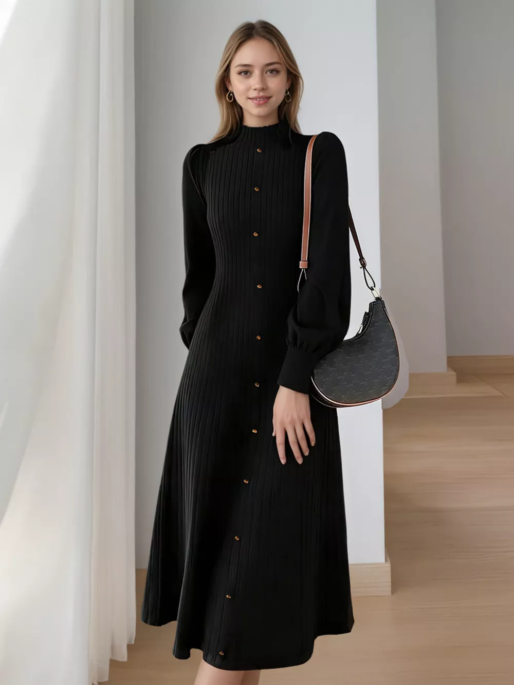 Ribbed Knit Mock Neck Midi Dress, image 4