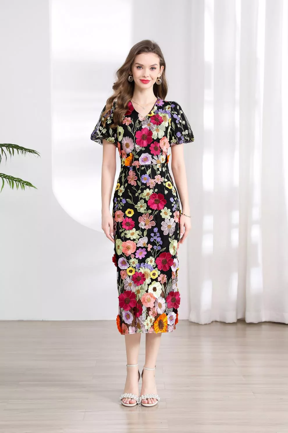 Floral Embroidered Puff Sleeve Midi Dress, image 29