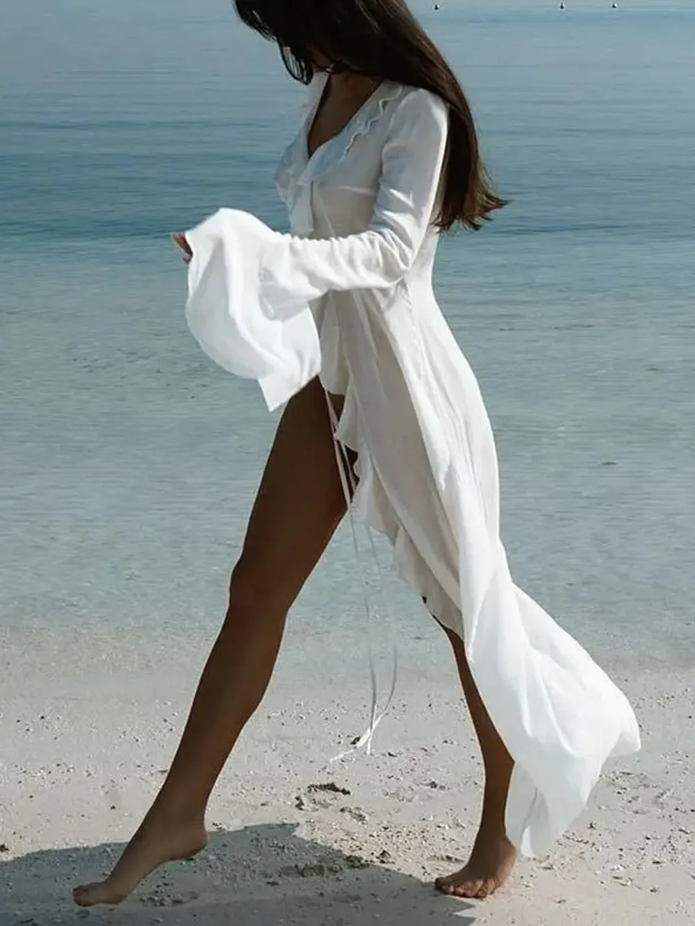 Ruffled Long Sleeve Cover-Up Dress, image 3