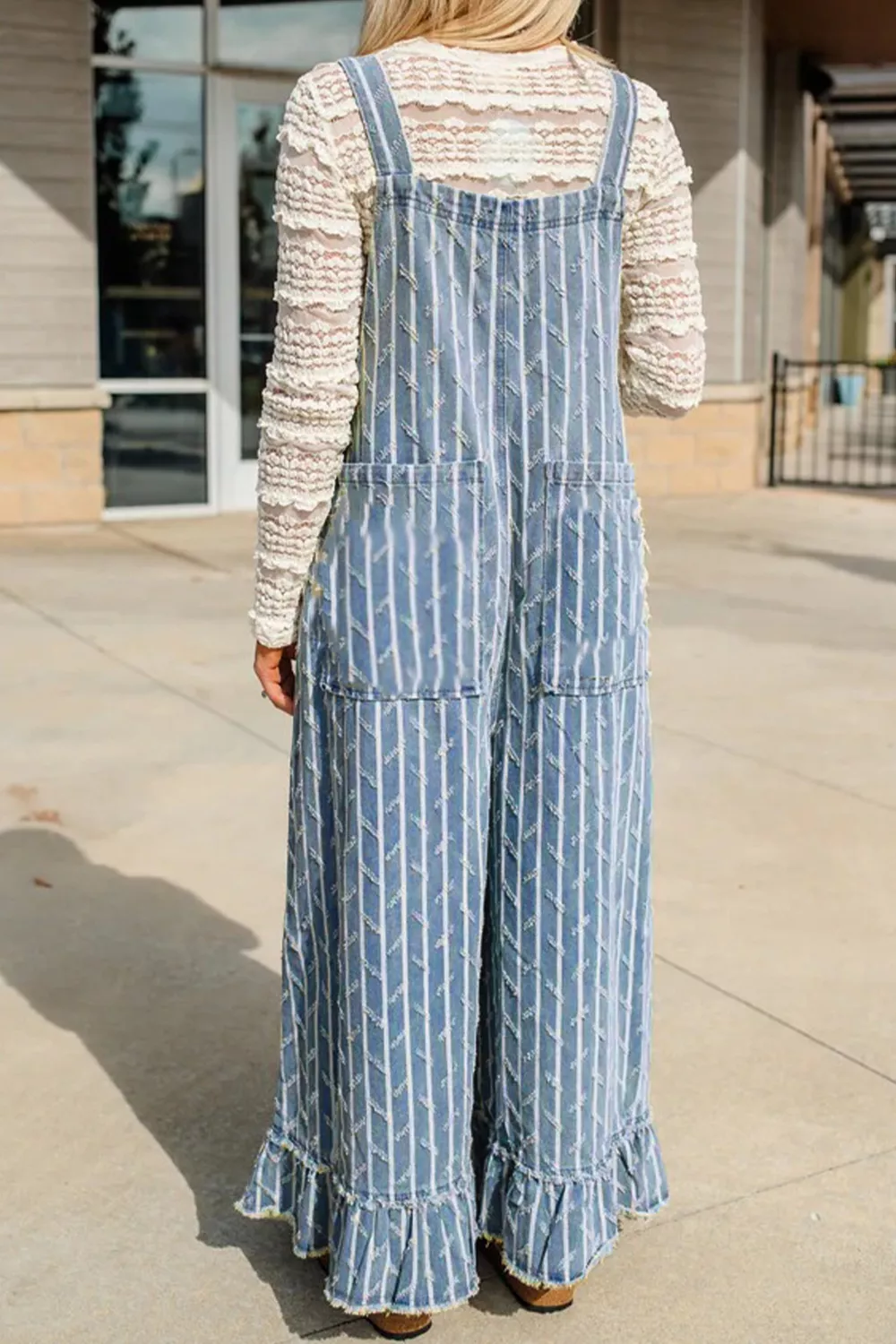 Striped Distressed Ruffled Wide Leg Denim Overalls, image 2