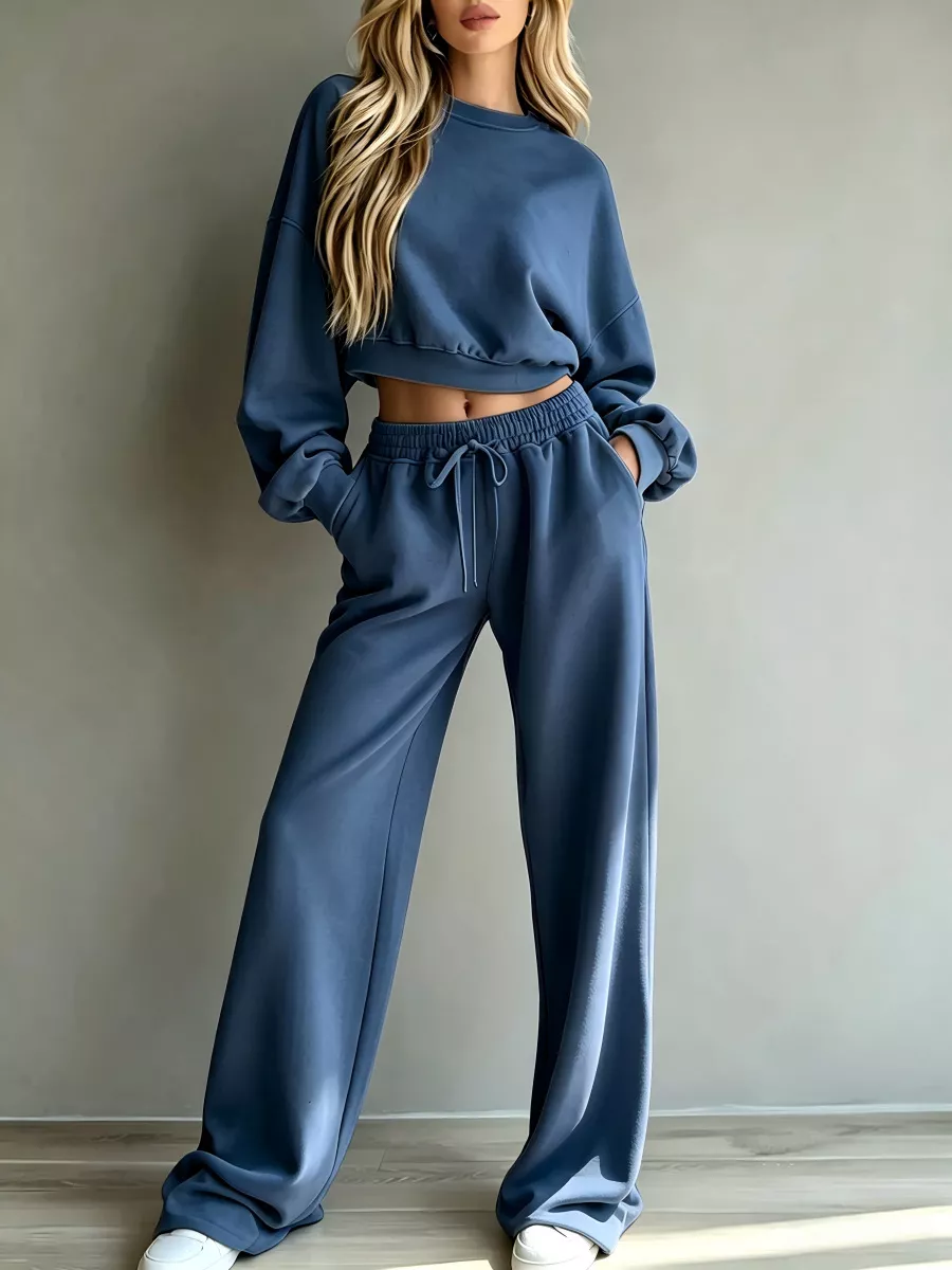 Round Neck Cropped Sweatshirt and Wide-Leg Pants, image 10