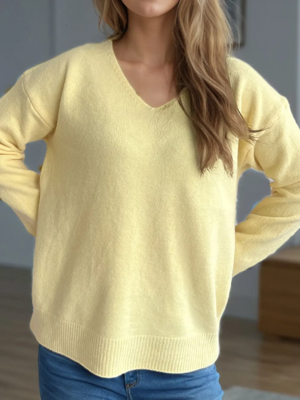 V-Neck Dropped Shoulder Long Sleeve Sweater, image 13