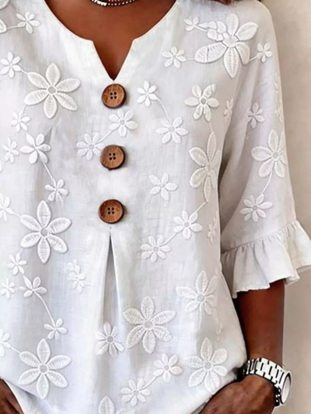 Full Size Floral Button Decor 3/4 Sleeve Blouse Plus Size, image 3