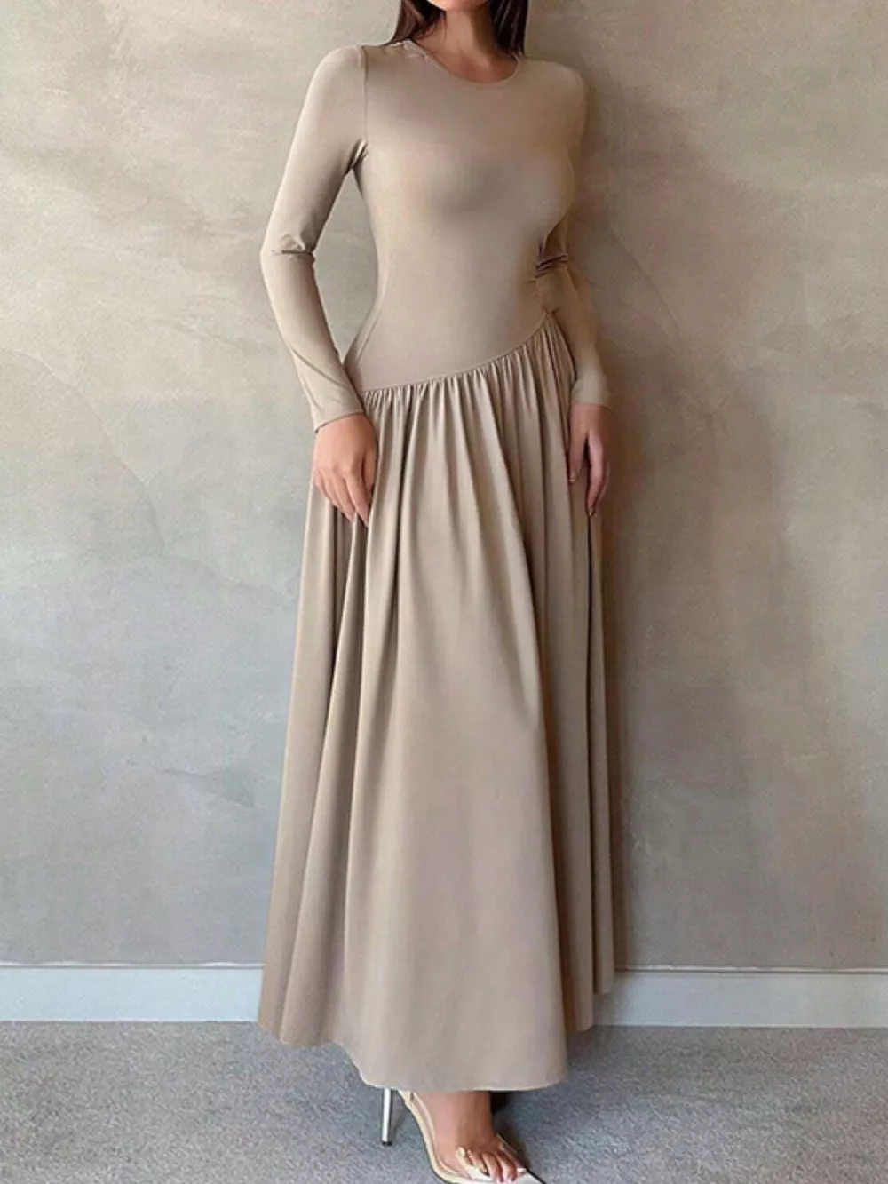 Long Sleeve Ruched A-Line Maxi Dress, image 5