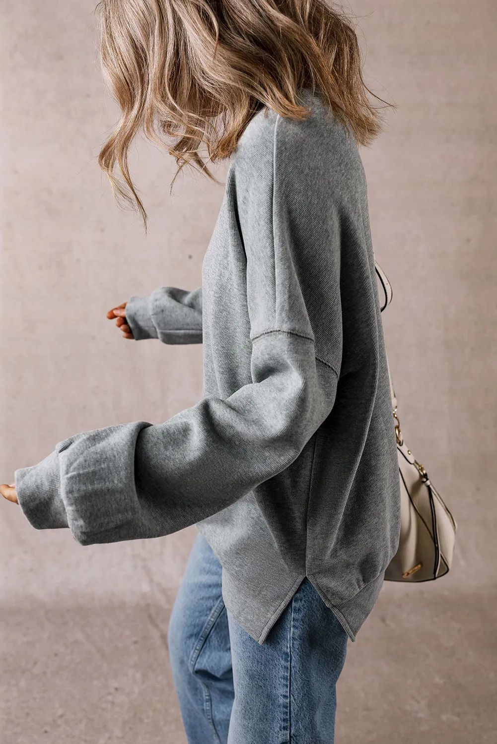 Slit Round Neck Long Sleeve Sweatshirt, image 2