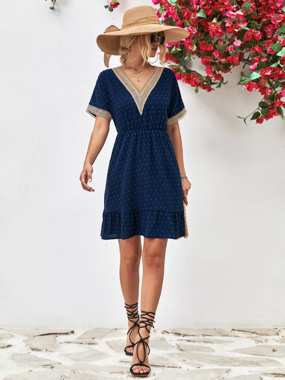 V-Neck Swiss Dot Ruffle Hem Mini Dress, image 5