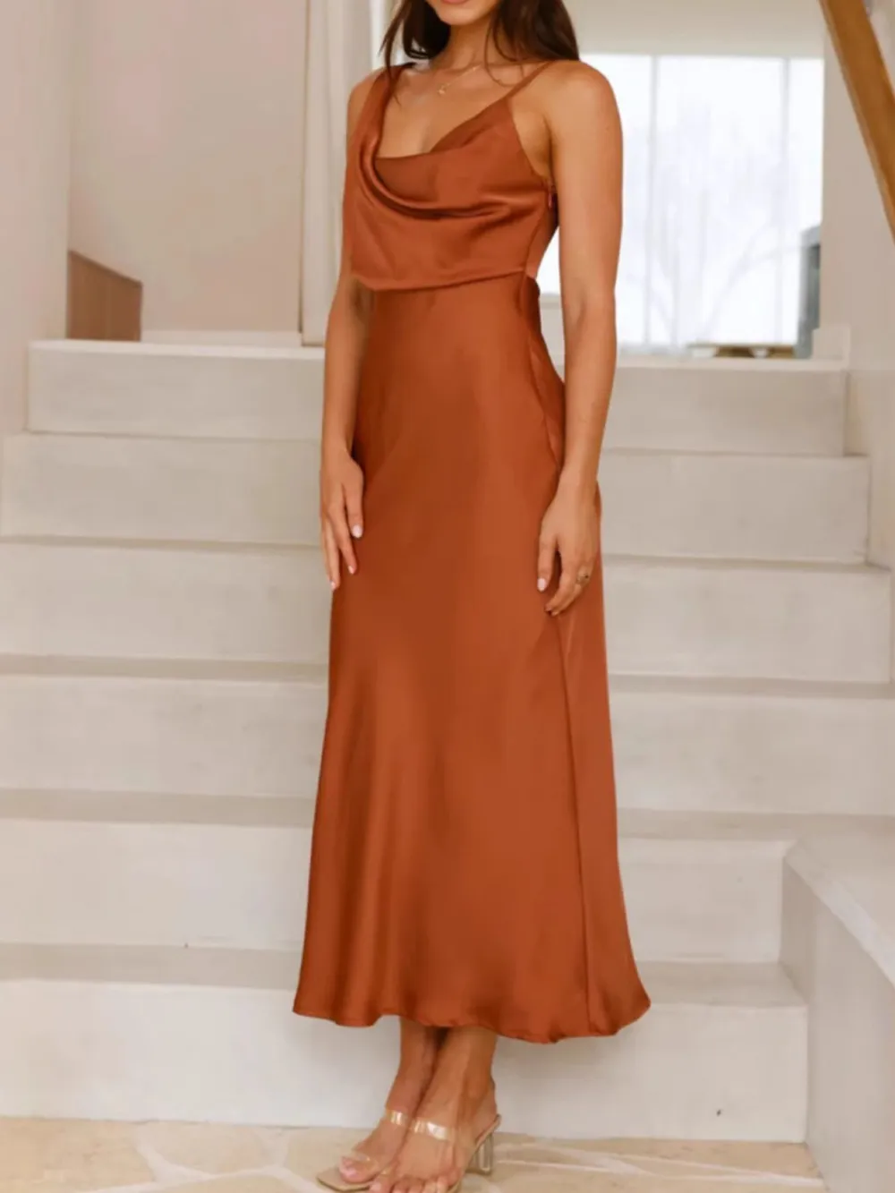 Satin Asymmetrical Midi Dress, image 10
