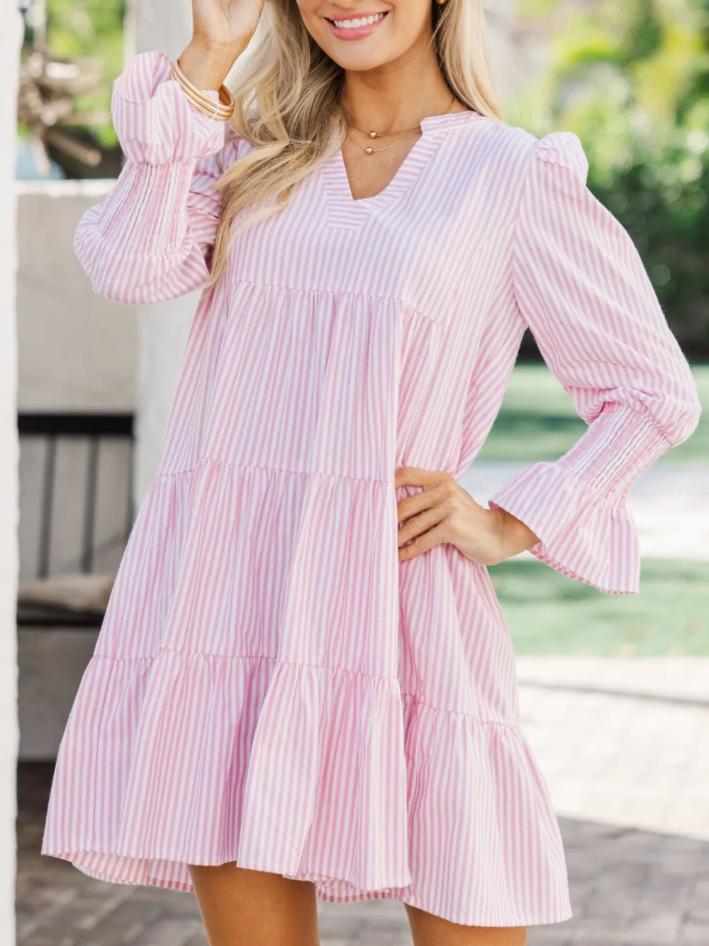 Striped Tiered Flounce Sleeve Shirt Dress, image 8