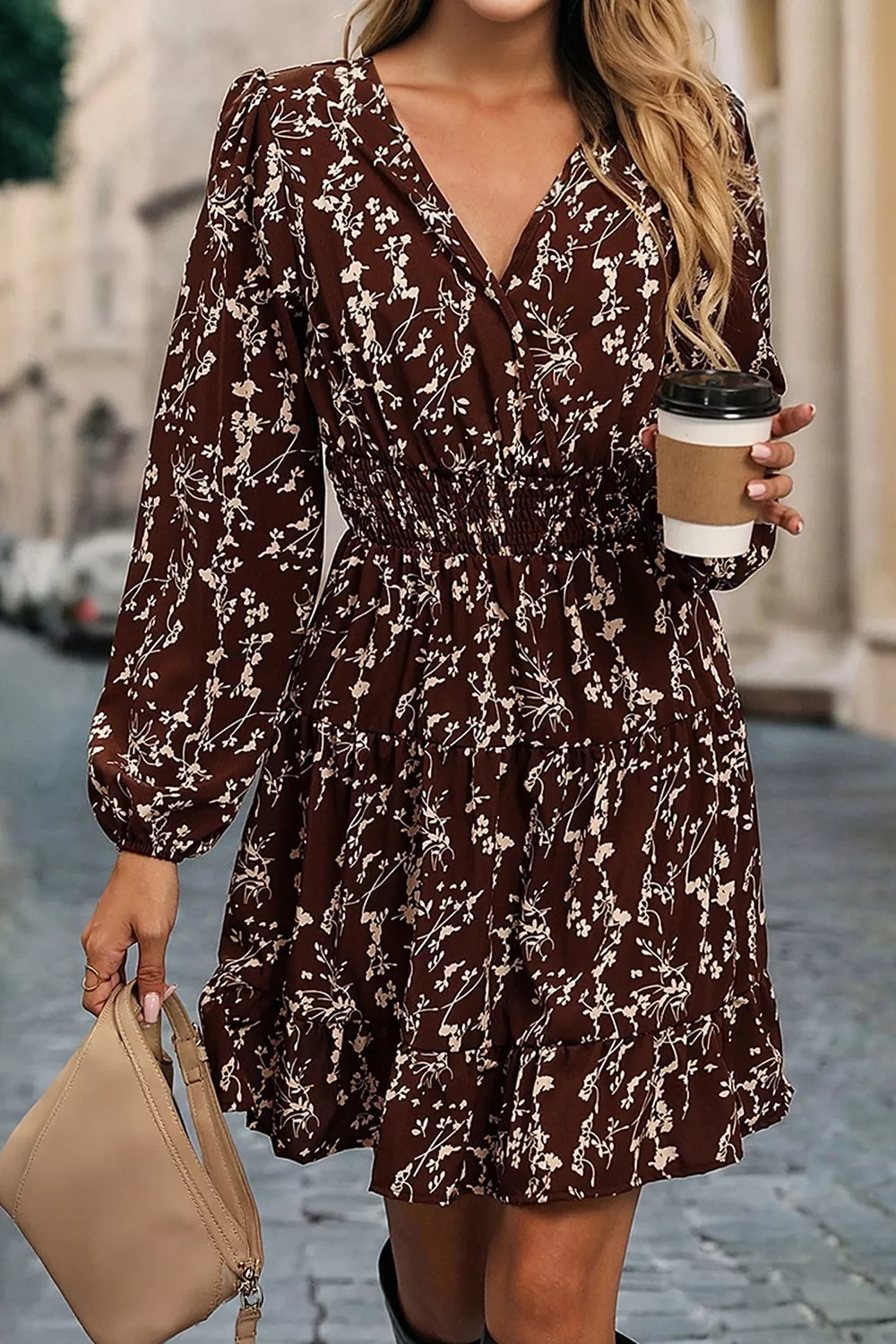 Ditsy Floral Print Split Neck Long Sleeve Shirred Waist Flared Mini Dress, image 5