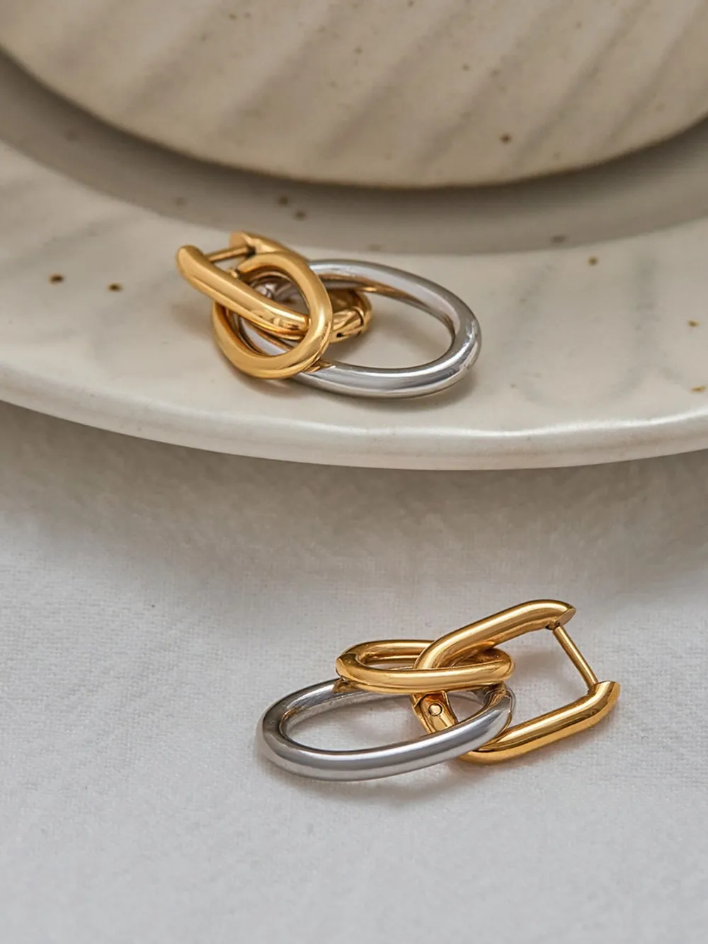 Stainless Steel Two-Tone Interlocked Hoop Earrings, image 2