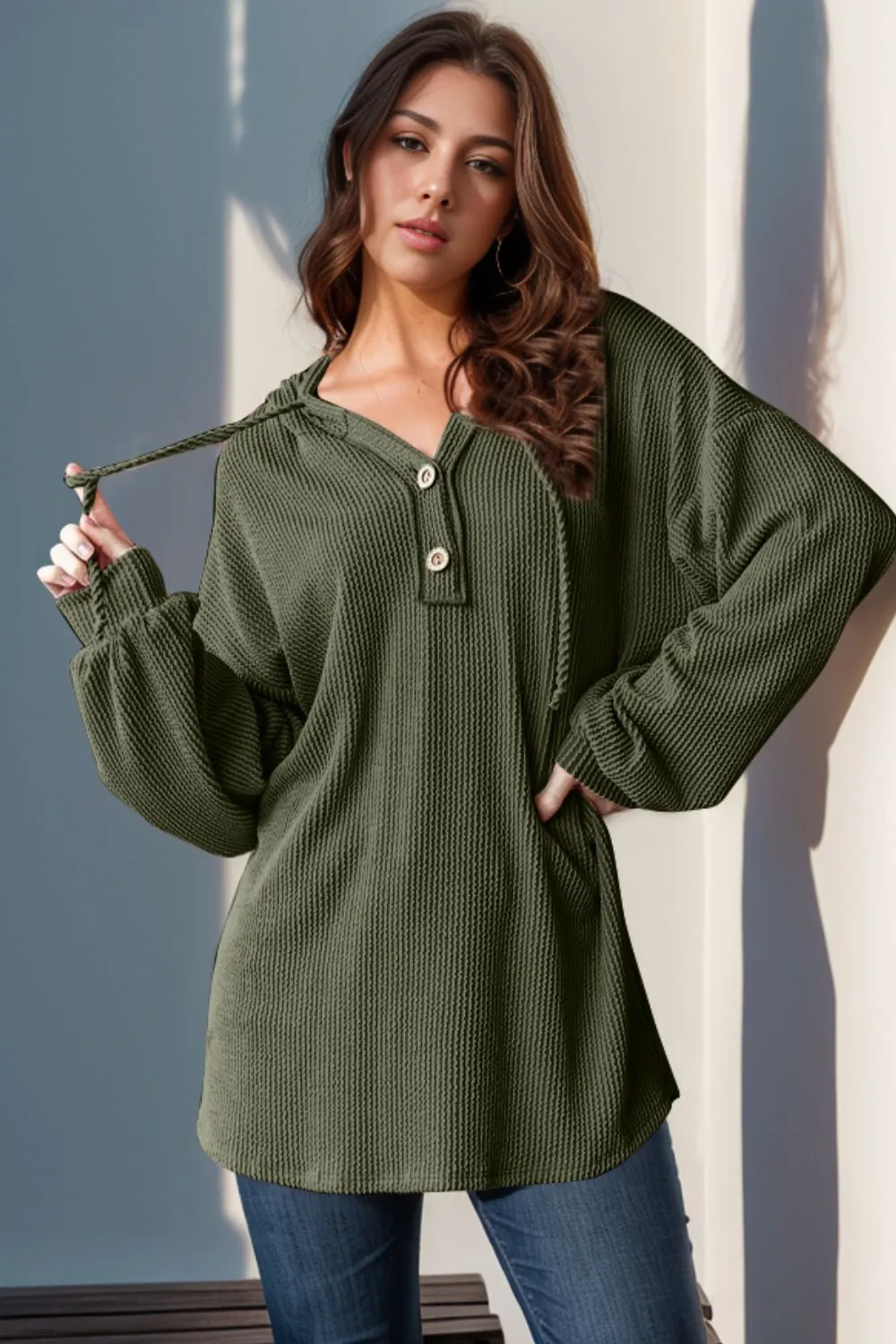 Full Size Half Button Long Sleeve Hoodie, image 2
