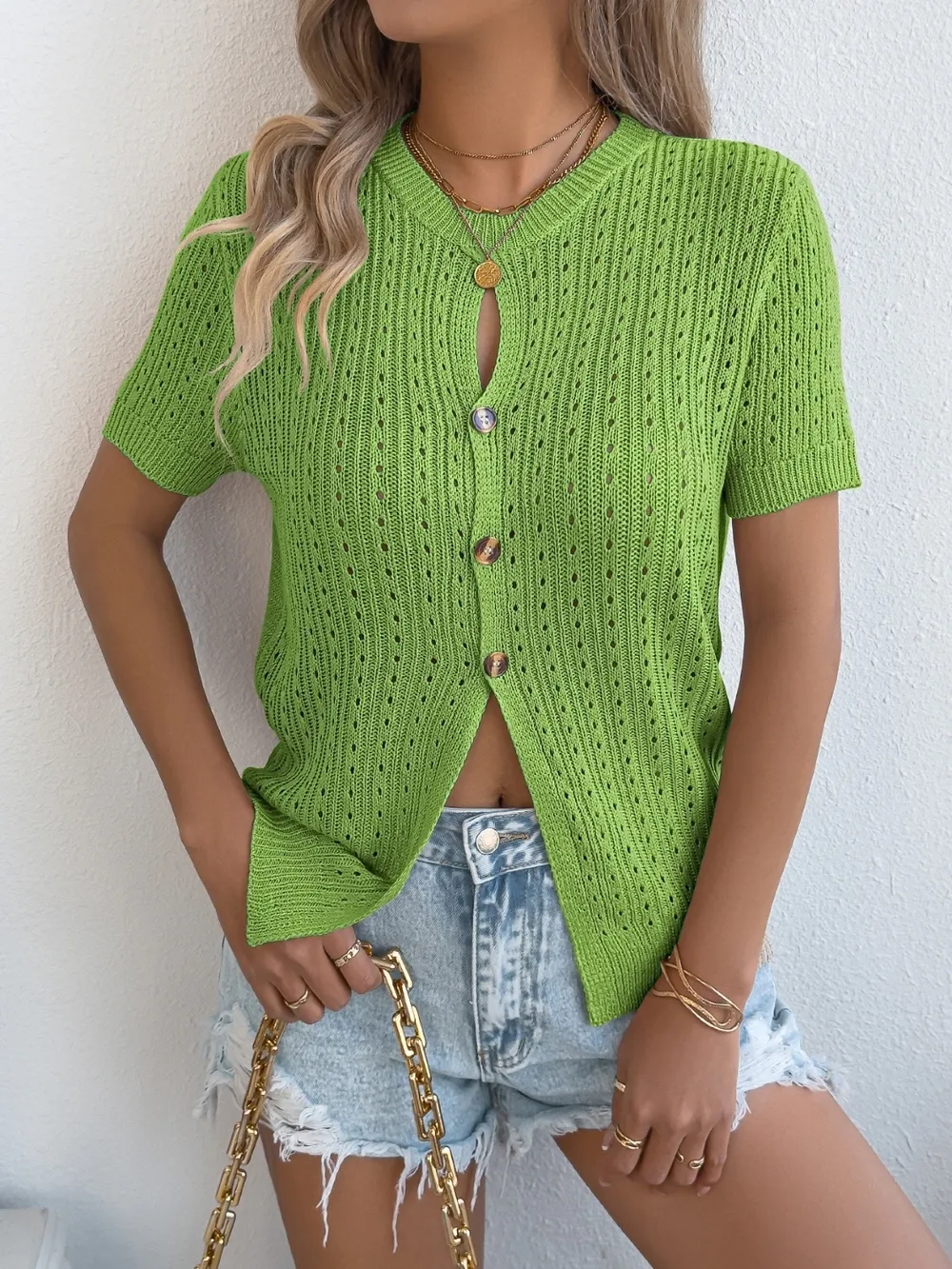 Button Up Short Sleeve Knit Cardigan, image 2