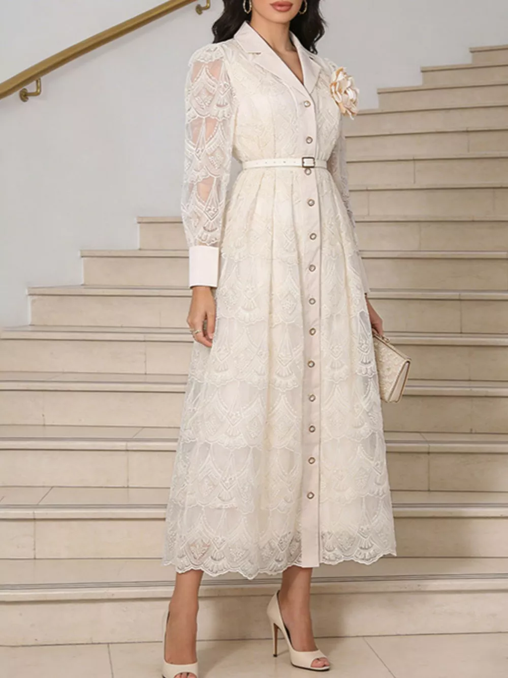 Lace Button Front Midi Dress, image 2