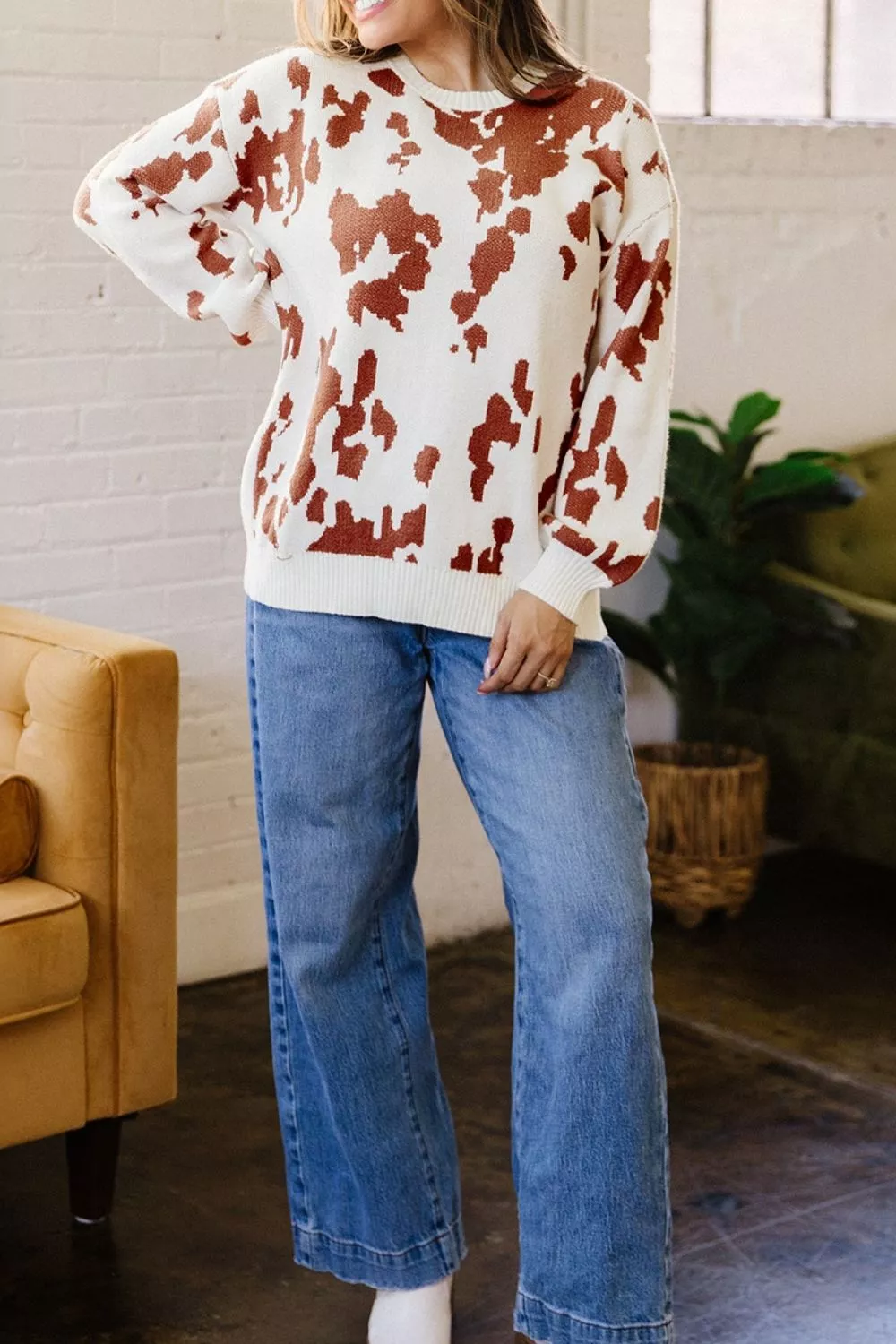 Abstract Print Drop Shoulder Long Sleeve Round Neck Sweater, image 4