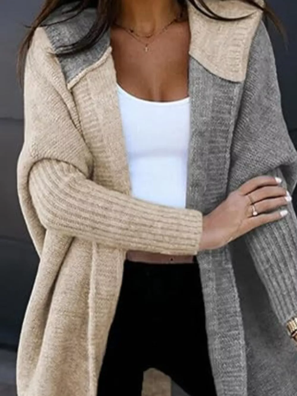 Two-Tone Open Front Knit Hooded Cardigan, image 12