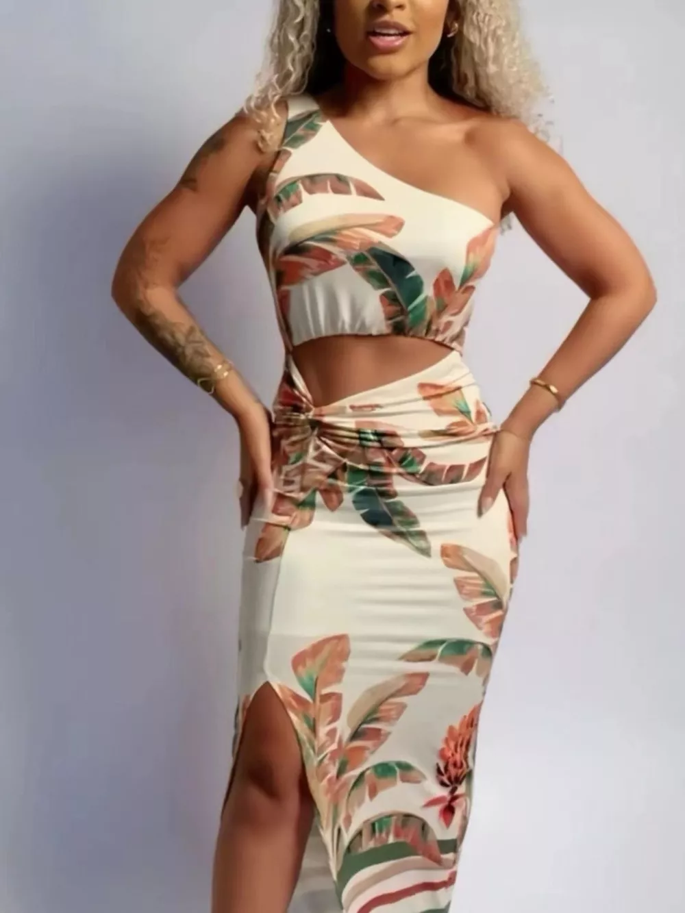 Tropical Print One-Shoulder Cut-Out Maxi Dress, image 4