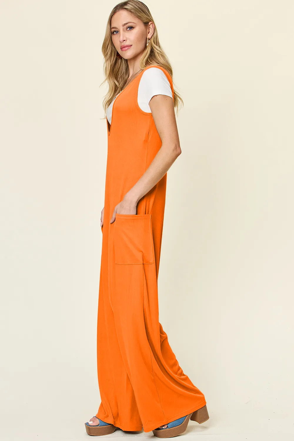 Full Size Sleeveless Wide Leg Jumpsuit with Pockets, image 3