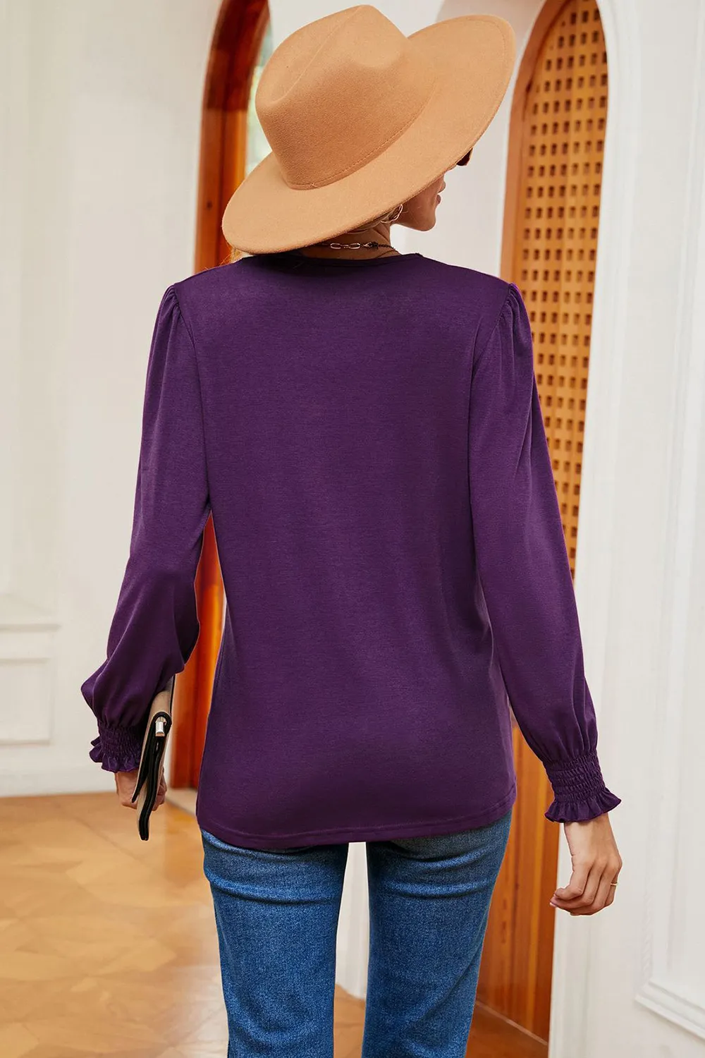Lace Detail V-Neck Lantern Sleeve T-Shirt, image 17