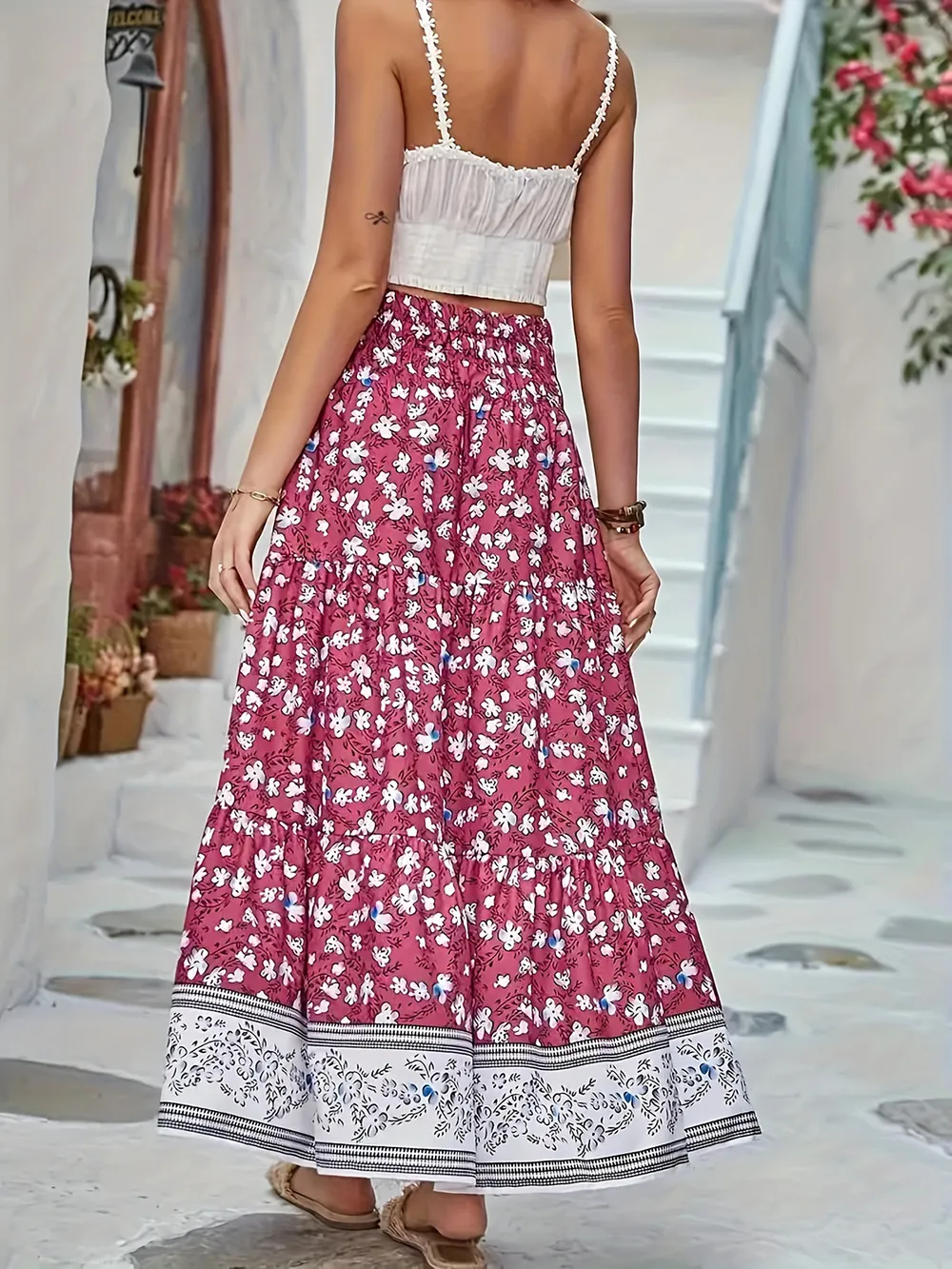 Full Size Tiered Printed Elastic Waist Skirt, image 4