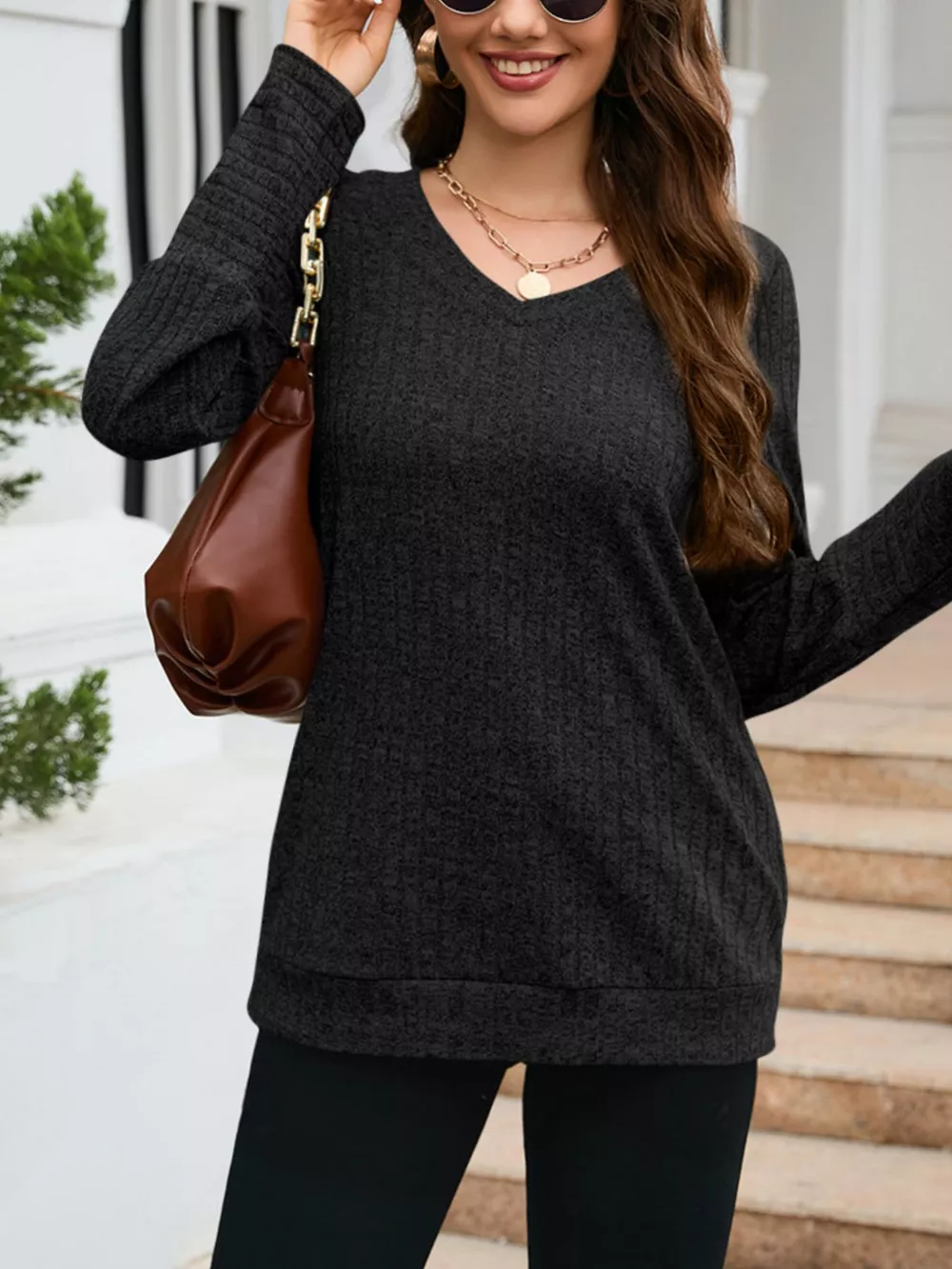 V-Neck Textured Knit Long Sleeve T-Shirt, image 13